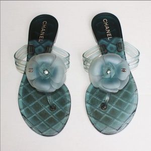 Chanel camellia jelly thong sandals in clear blue